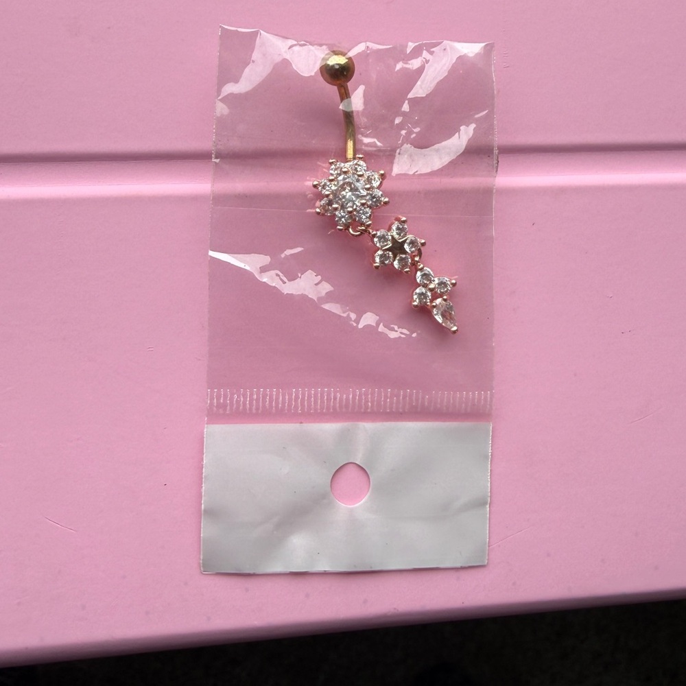 Rose Gold Floral Dangle Belly Button Ring - 316L Stainless Steel